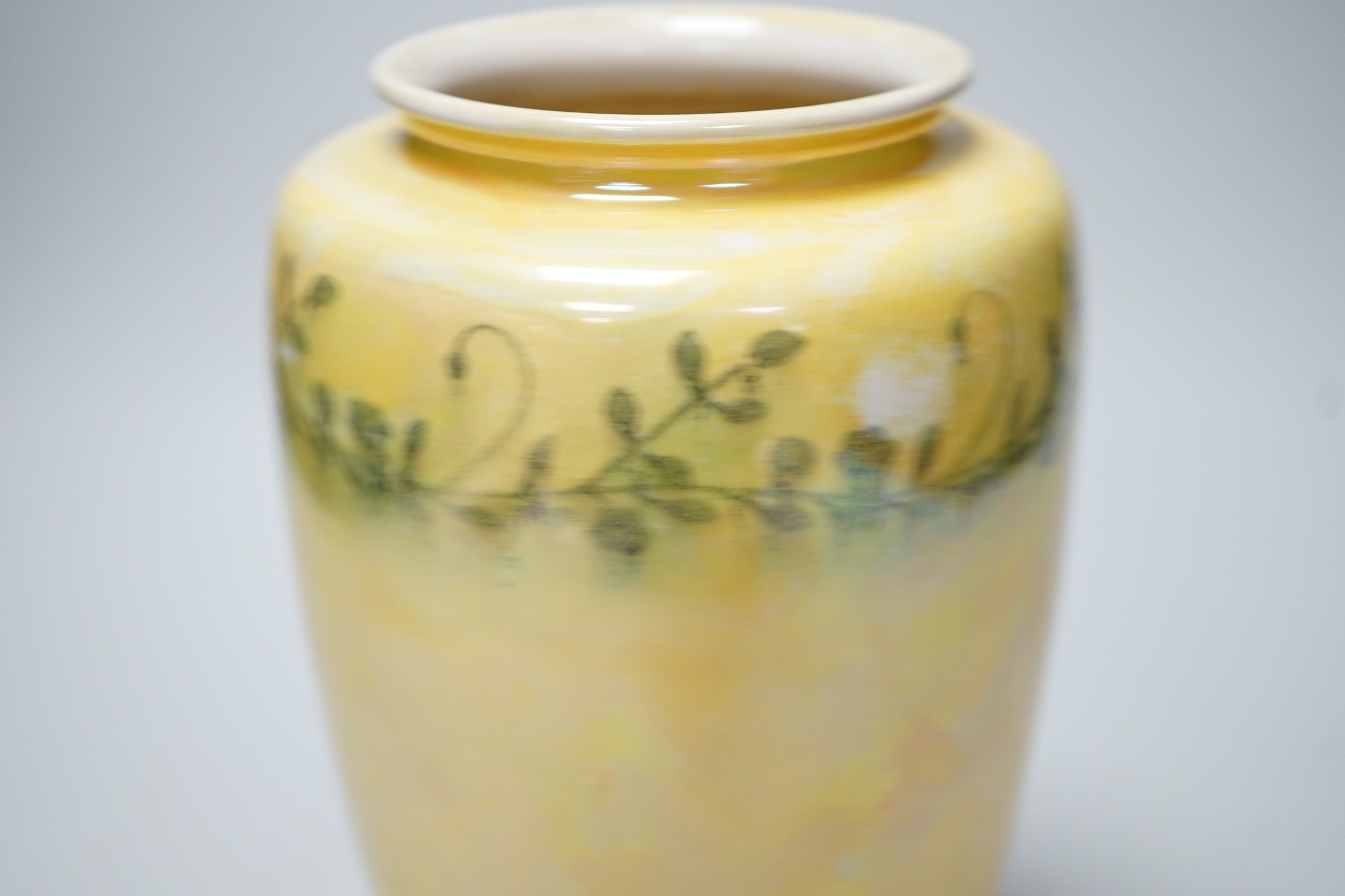 A Ruskin yellow waterglazed vase stamped and printed mark to base 1915, 21cm tall